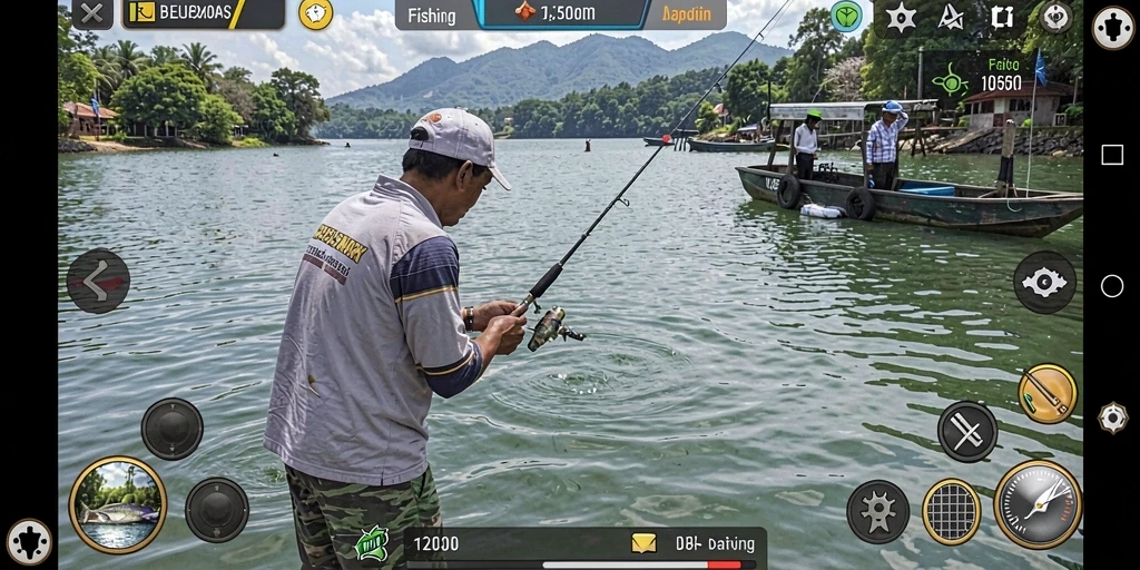 Gameplay seru BEBASMAX saat memancing di lokasi indah.