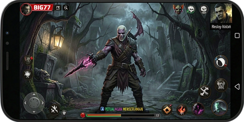 Gambar gameplay <strong>BIG77</strong> yang menampilkan suasana menyeramkan di rumah berhantu.