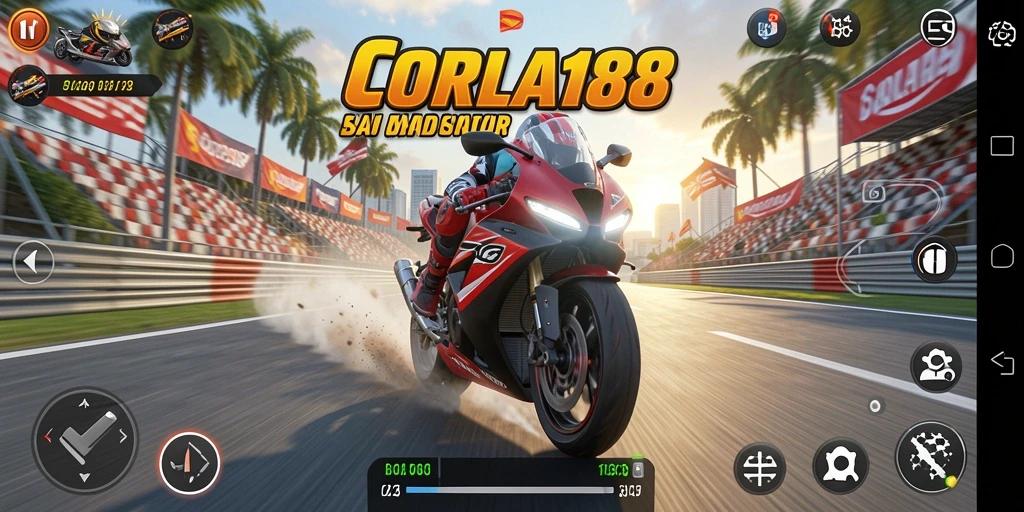 Tampilan gameplay CORLA188 saat balapan motor seru.