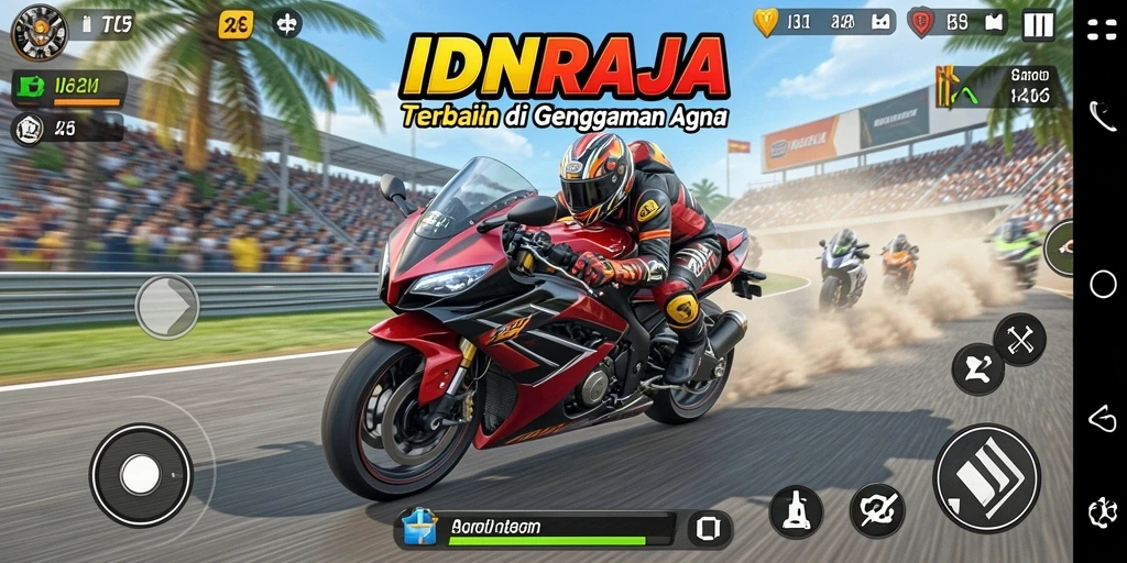Tampilan utama permainan IDNRAJA dengan aksi balapan motor yang seru.