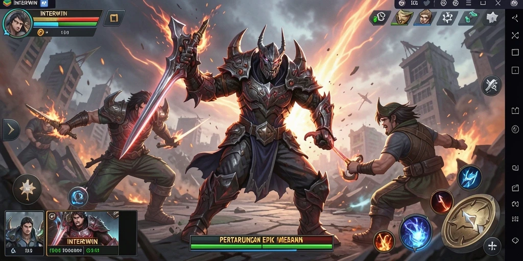 Tampilan utama gameplay INTERWIN menampilkan pertarungan yang mendebarkan.