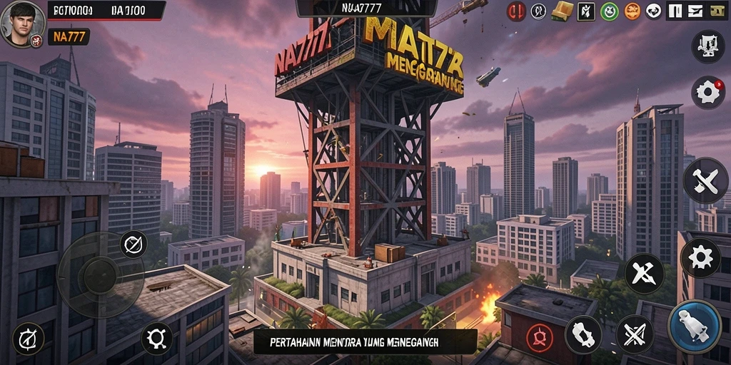 Screenshot menampilkan gameplay menegangkan dalam NA777 Tower Defense.