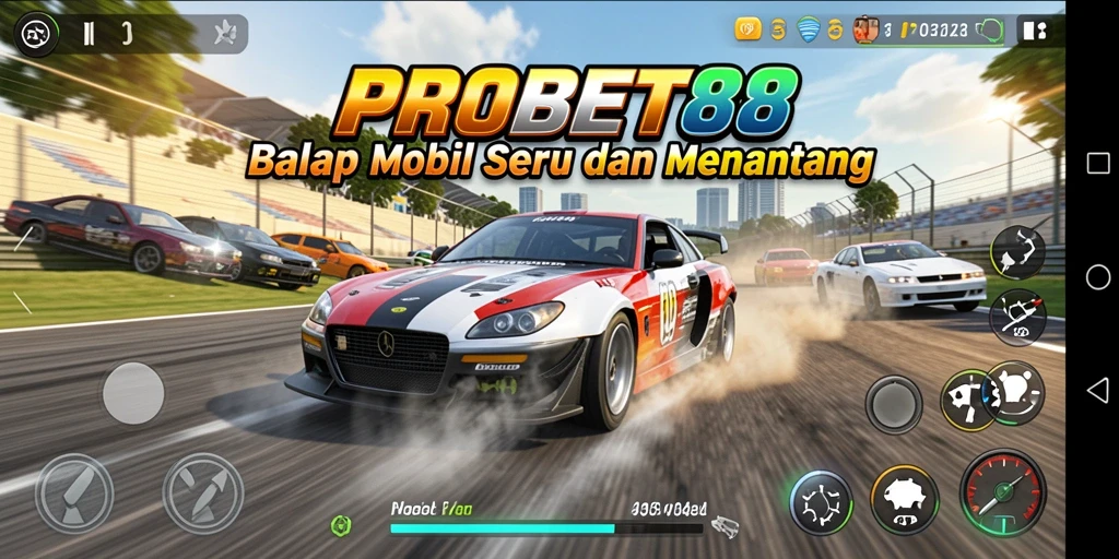 Tampilan balapan seru di PROBET88 dengan mobil cepat.