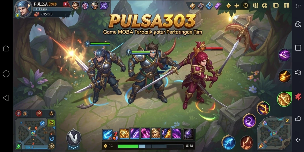 Screenshot PULSA303 menunjukkan aksi seru dalam pertarungan tim MOBA.