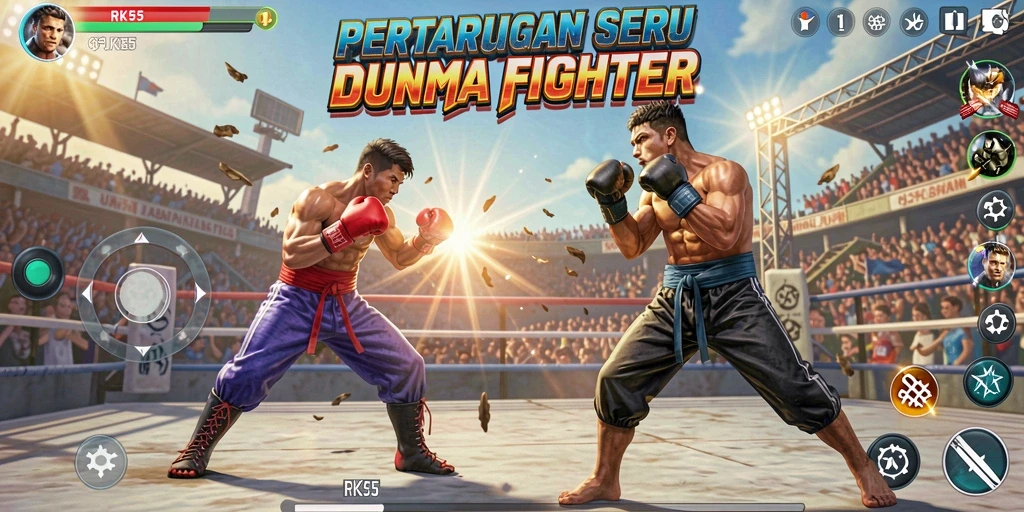 Screenshot menunjukkan pertarungan epik antara karakter dengan serangan yang memukau.