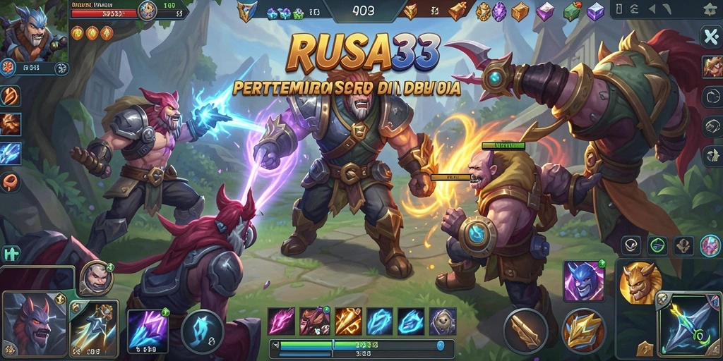 Tangkapan layar utama <strong>RUSA33</strong> menampilkan pertempuran epik dalam arena MOBA.