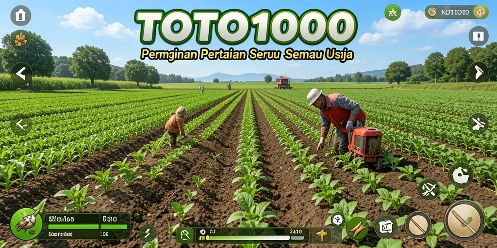 Screenshot utama TOTO1000 menunjukkan gameplay bertani yang menawan.