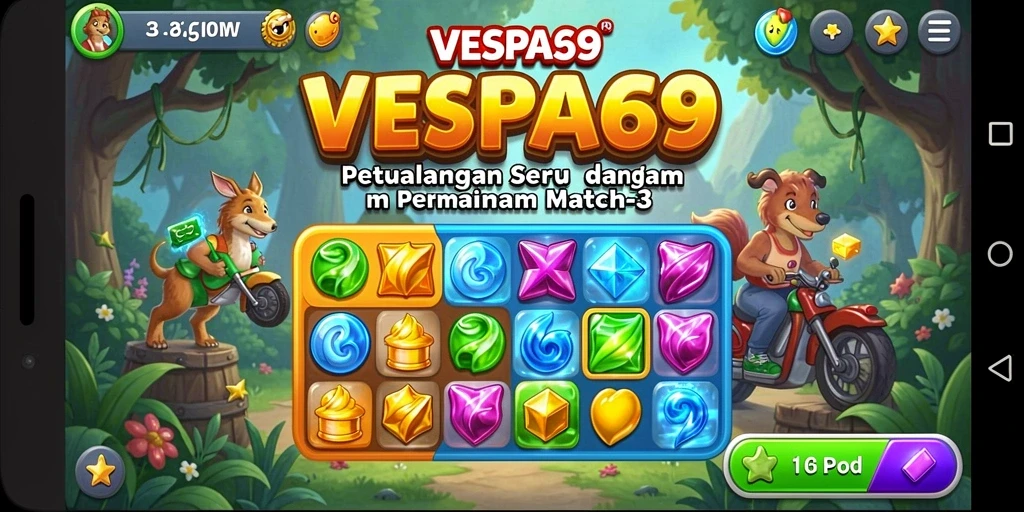 Tampilan gameplay VESPA69 dengan grafis cerah dan energi Match-3.